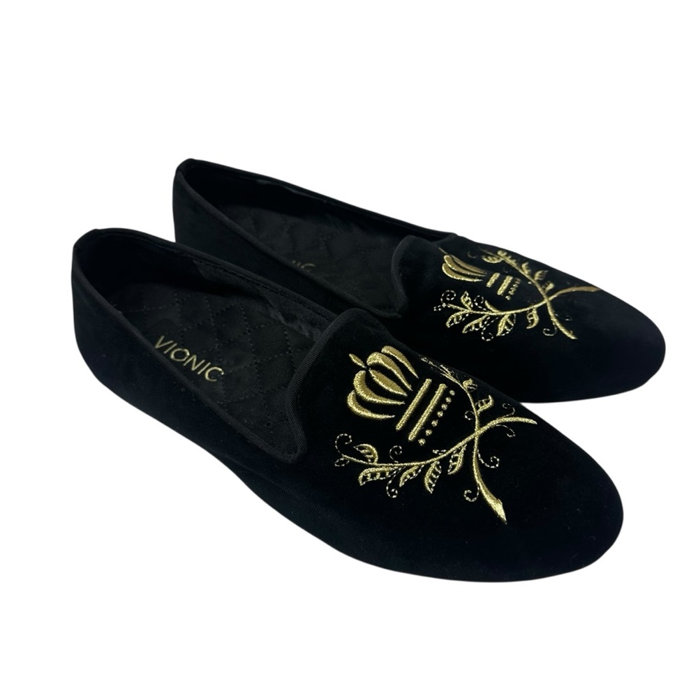 Vionic Romi Smoking Slipper Loafer Comfort Black‎ Velvet Gold Embroidery sz 9.5